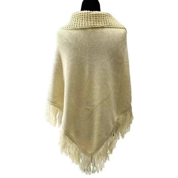 Vintage Poncho  Fringe Trim Knit Pullover Sweater Shawl Light Tan Beige Small - Picture 2 of 15